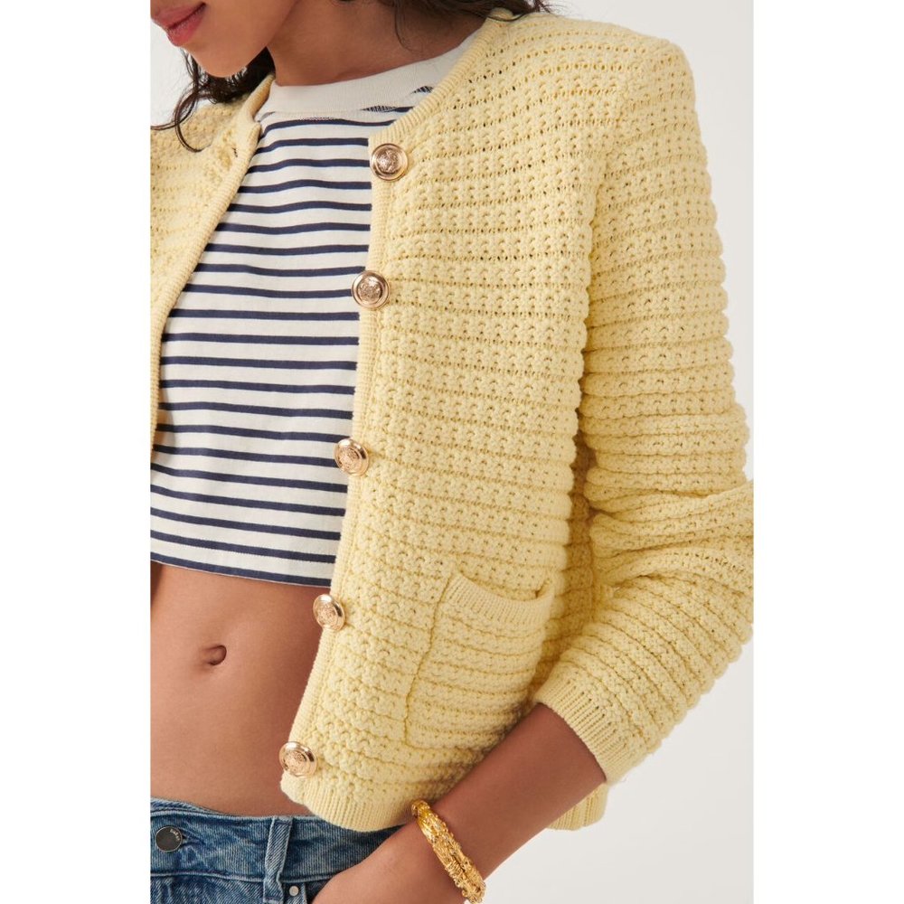 NWOT Ba&sh Gaspard Knitted Cardigan in Yellow Long Sleeves Cotton Button Pockets